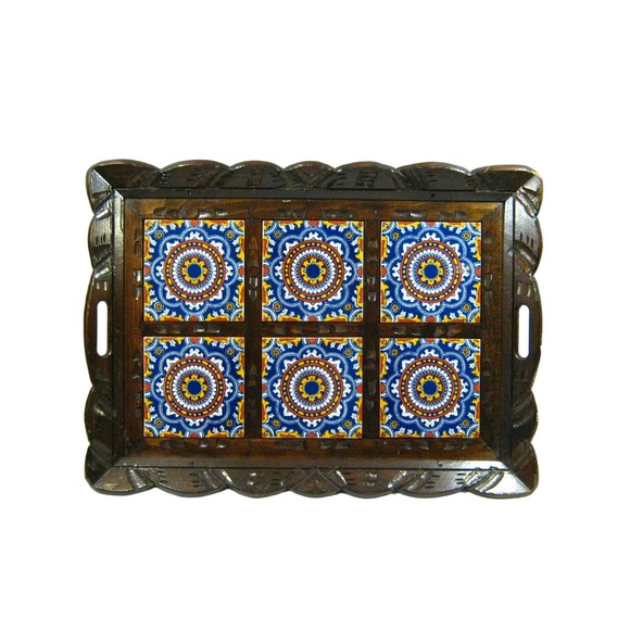 Other - Large Talavera Tiled Ornate Carved Wood Mexican Serving Tray Platter 18x13 inch